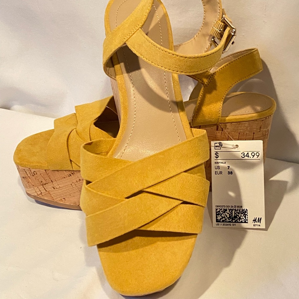 💛 H&M Yellow Cork Platform Wedge Sandals 💛 Size 7 - NEW - Picture 2 of 7